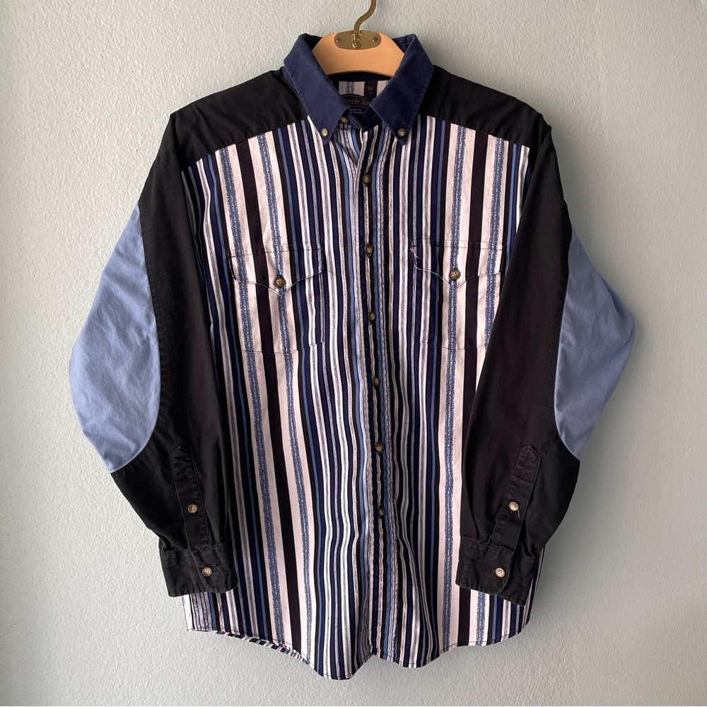Panhandle Slim | 90s Vintage Western Blue & Black Striped Button Down Shirt
